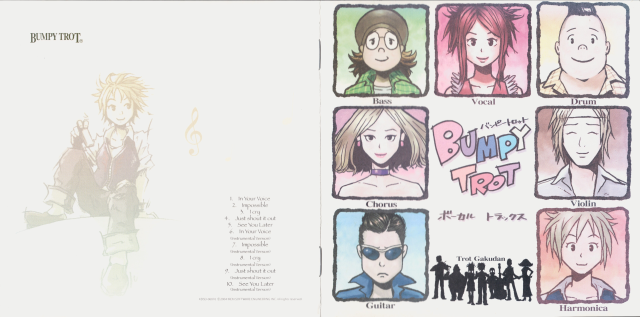 Open Bumpy Trot Vocal Tracks booklet cover, with band portraits on one side and pale character artwork on the other.