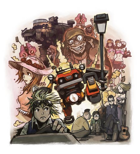 Steambot Chronicles promotional illustration combining Vanilla, Connie, other characters and a Trotmobile.