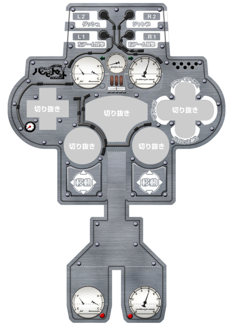 Printable grey PlayStation controller papercraft template with Steambot Chronicles character portraits.