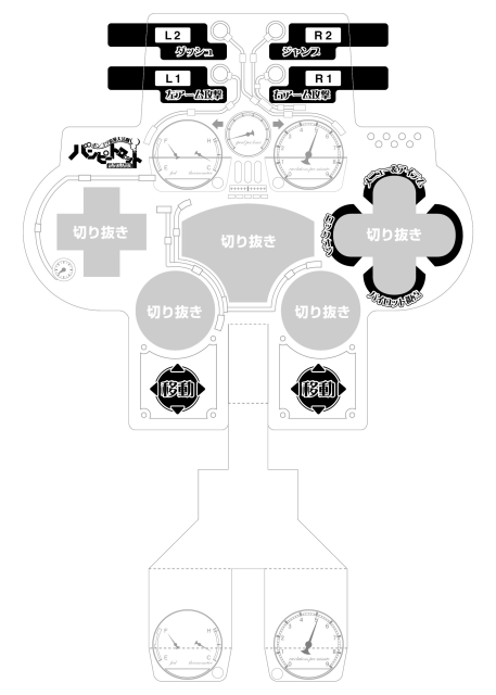 Printable white PlayStation controller papercraft template with Steambot Chronicles character portraits.