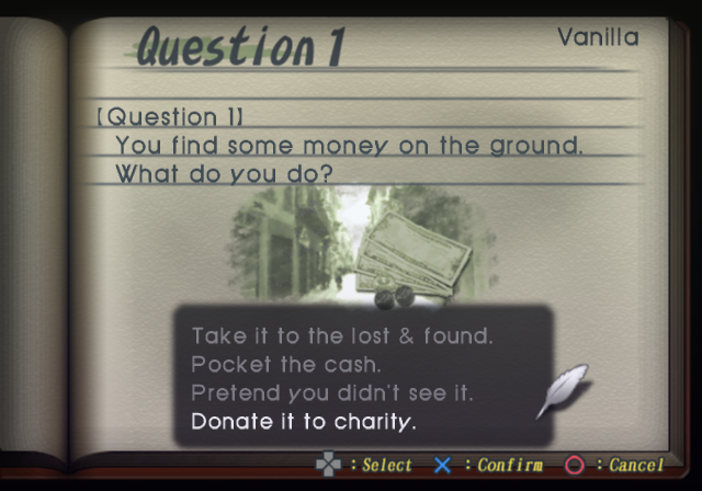 An opening question asks Vanilla what to do with money found on the ground.