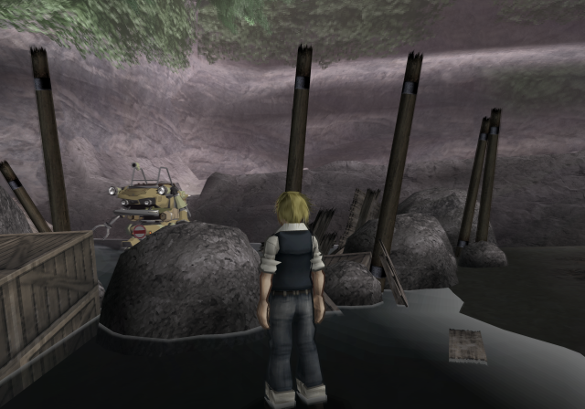 Vanilla stands near a Trotmobile and wooden posts on the beach.