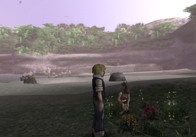 Vanilla stands beside Connie on the beach, with a wooden house in the background.