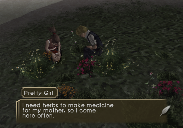 Connie kneels beside flowers while a dialogue box mentions herbs for her mother.