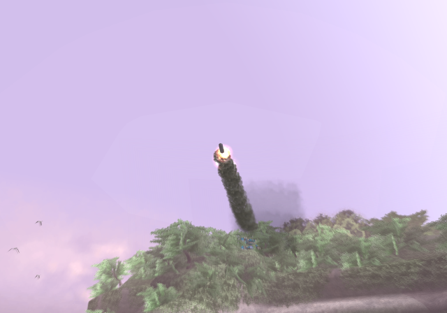 A missile rises above the beach, leaving a trail of smoke.