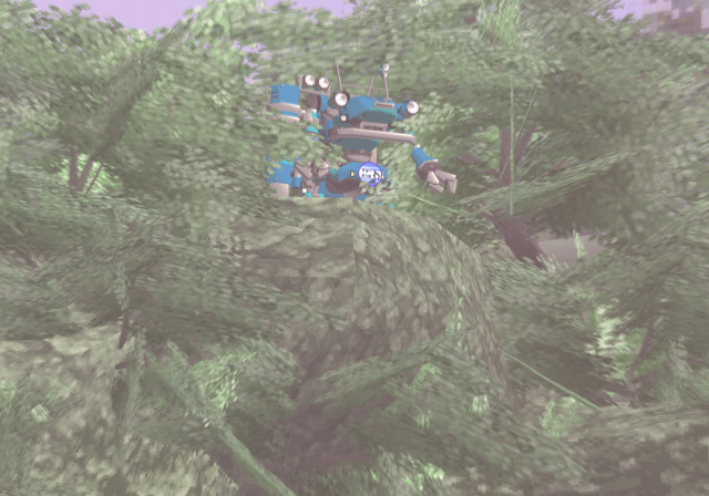 A blue Trotmobile stands above the beach on a wooded cliff.