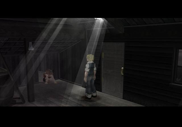 Vanilla and Connie stand inside a wooden house with light entering through the roof.