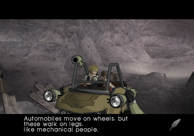 Vanilla and Connie sit in a Trotmobile while dialogue explains its walking legs.