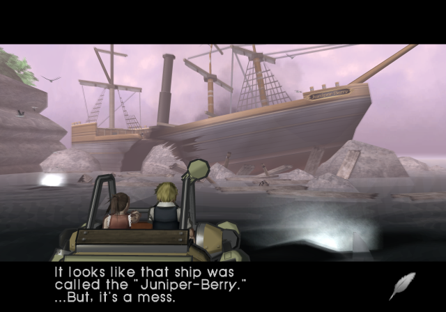 Vanilla and Connie look towards the wrecked ship as its name, Juniper-Berry, appears in dialogue.