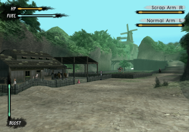 A gameplay view of farm buildings, horses and a windmill, with the Trotmobile interface visible.