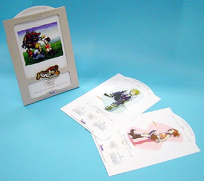 Photo of a Bumpy Trot desk calendar and loose pages decorated with character illustrations.