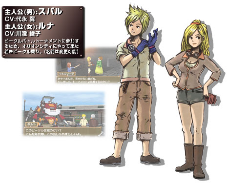 Male character design with outfit variations, Japanese notes and a screenshot from Steambot Chronicles: Battle Tournament.