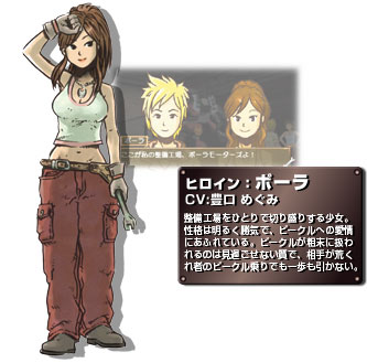 Female character design with portrait variations and a screenshot from Steambot Chronicles: Battle Tournament.
