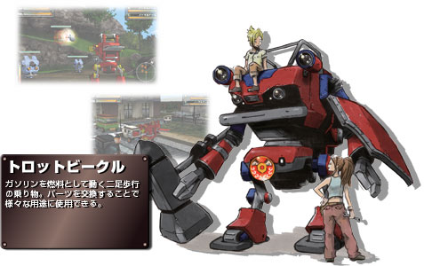 Red Trotmobile illustration beside a character and gameplay screenshot from Steambot Chronicles: Battle Tournament.