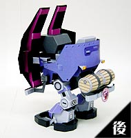 Rear view of an assembled pink and blue Rooster Trotmobile papercraft model from Steambot Chronicles.