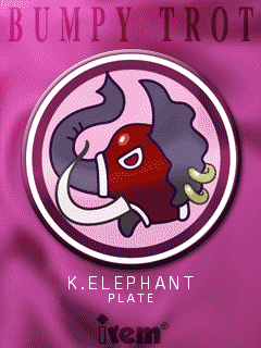 K. Elephant emblem with a red elephant head on purple Bumpy Trot artwork.