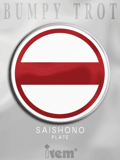 Saishono emblem with a red-and-white no-entry symbol on grey Bumpy Trot artwork.