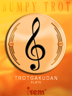 Trotgakudan emblem with a black treble clef on orange Bumpy Trot artwork.