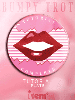 Tutorial emblem with red lips and a circular Tutorial Complete label on pink Bumpy Trot artwork.