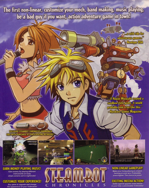 English Steambot Chronicles advertisement featuring Vanilla, Connie and a collage of characters and Trotmobiles.