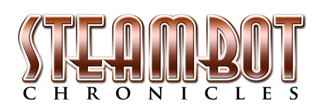 Steambot Chronicles title logo in metallic orange and silver lettering.
