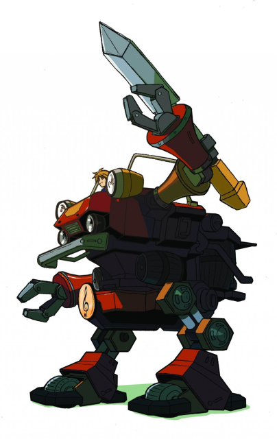 Brown Trotmobile from Steambot Chronicles with a sword arm raised above its body.