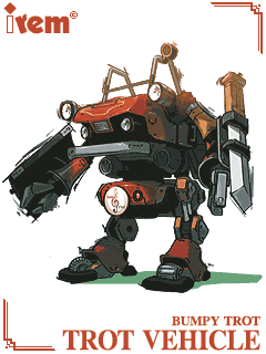 Chamomile II Trotmobile from Steambot Chronicles in framed artwork with Irem branding.