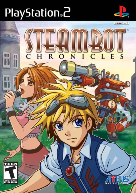 North American Steambot Chronicles PlayStation 2 box cover with Vanilla, Connie and other characters.
