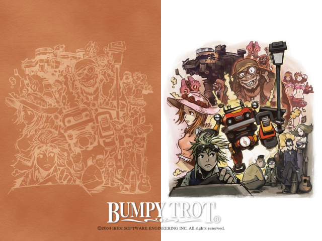 Steambot Chronicles wallpaper featuring character artwork on a brown and white background.