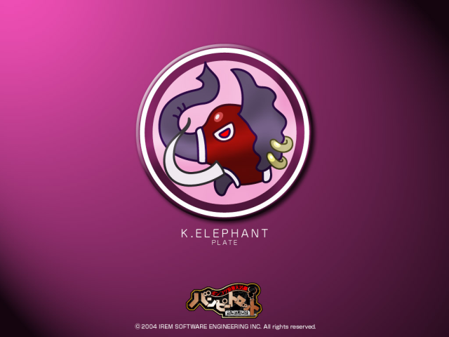Red elephant-head K. Elephant emblem centred on a purple Steambot Chronicles wallpaper.