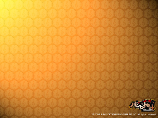 Yellow Steambot Chronicles wallpaper covered in a repeating treble-clef emblem pattern.