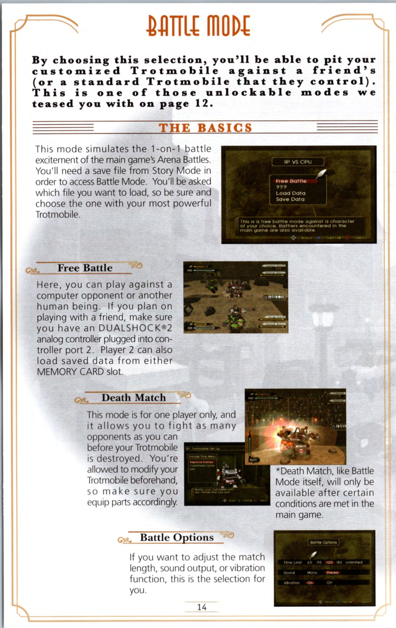 Steambot Chronicles US manual — Printed page 14 — Battle mode.