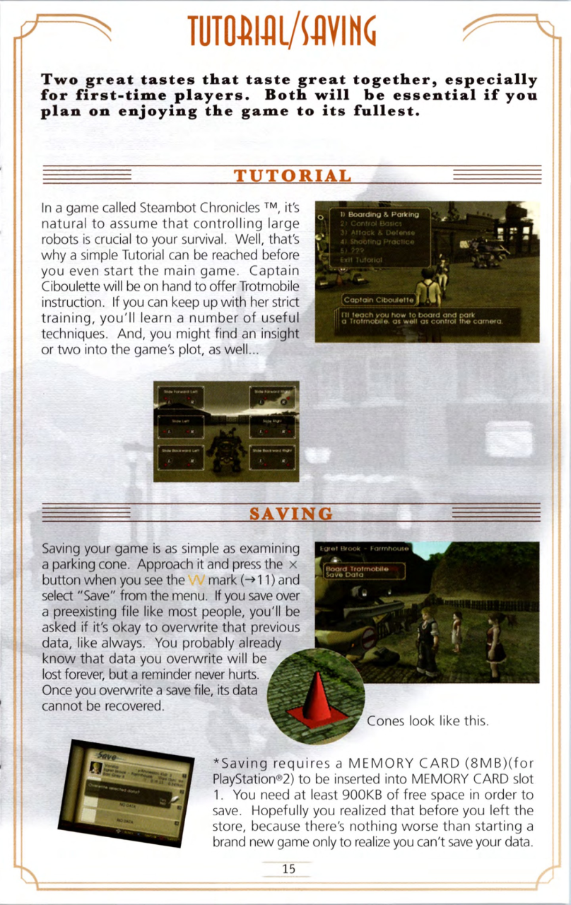 Steambot Chronicles US manual — Printed page 15 — Tutorial & saving.