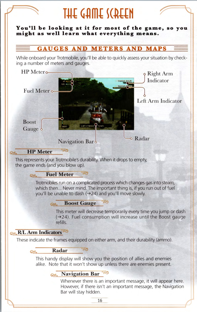 Steambot Chronicles US manual — Printed page 16 — The game screen.