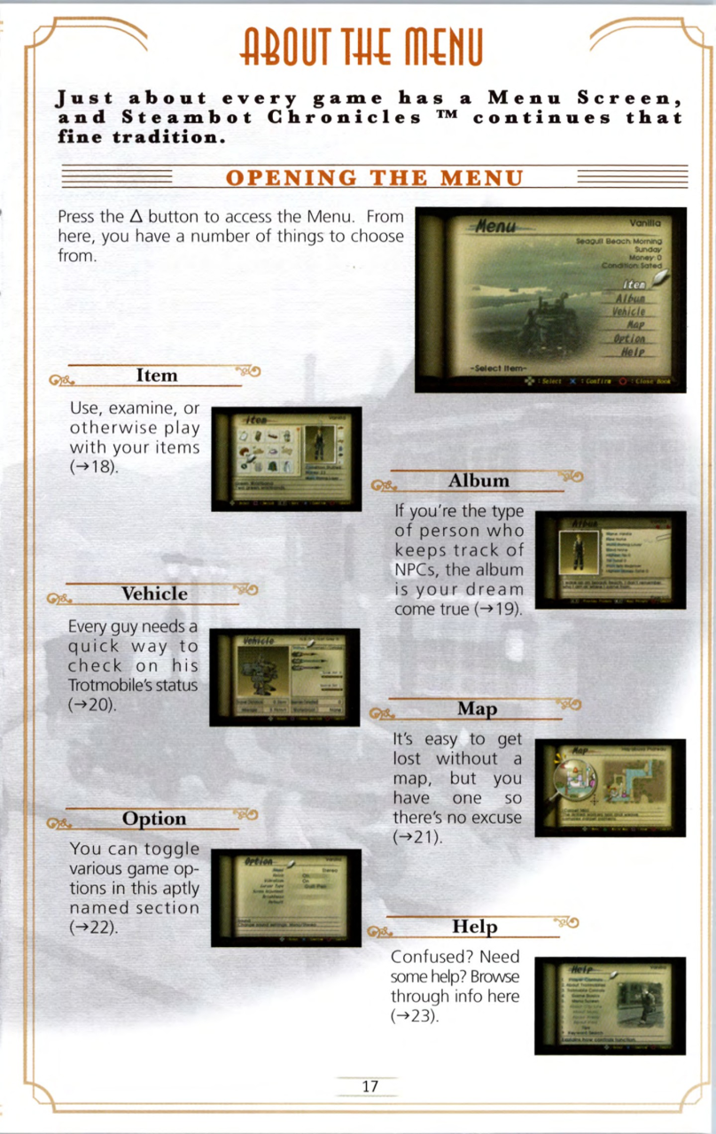 Steambot Chronicles US manual — Printed page 17 — The menu.