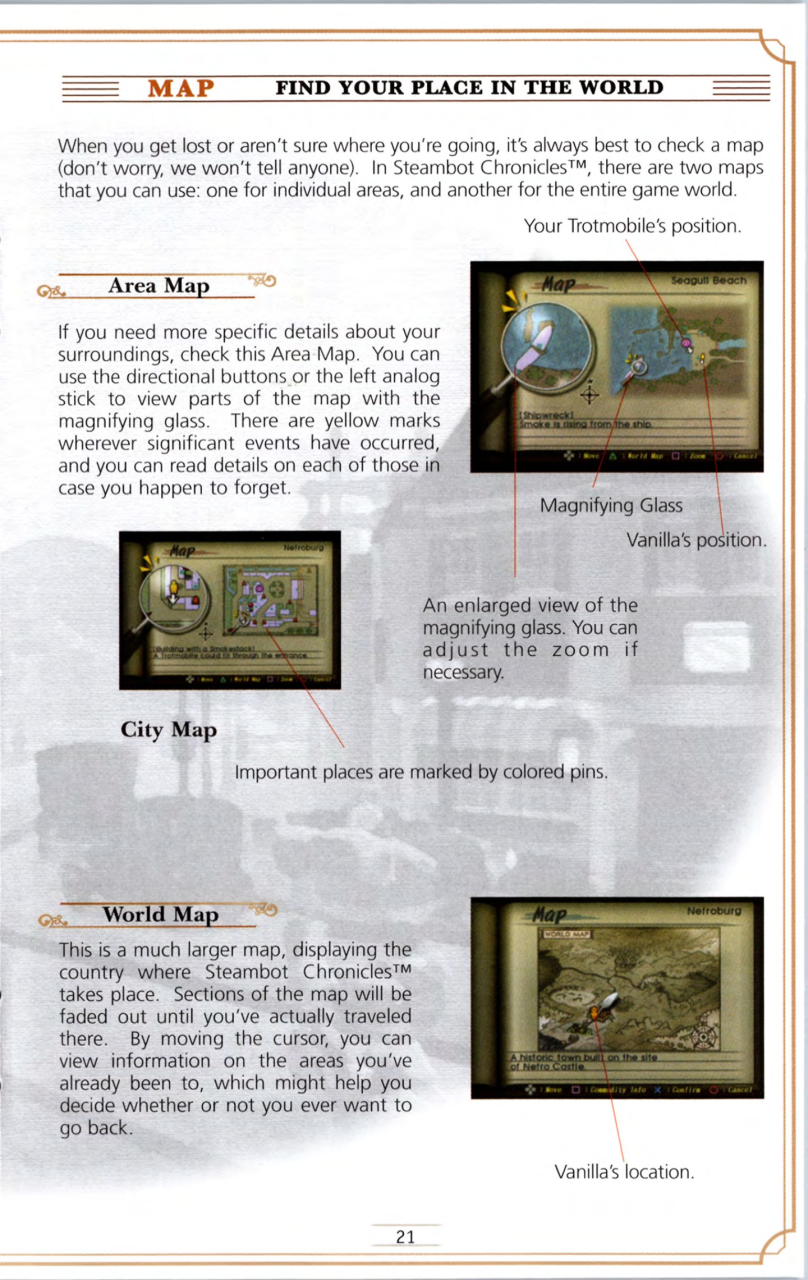 Steambot Chronicles US manual — Printed page 21.