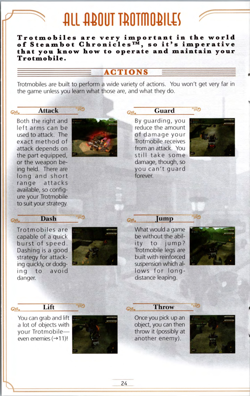 Steambot Chronicles US manual — Printed page 24 — All about Trotmobiles.