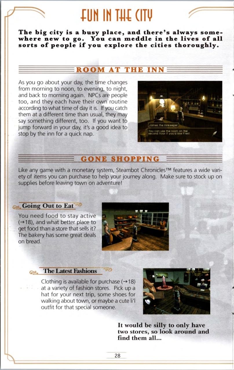 Steambot Chronicles US manual — Printed page 28 — Fun in the city.