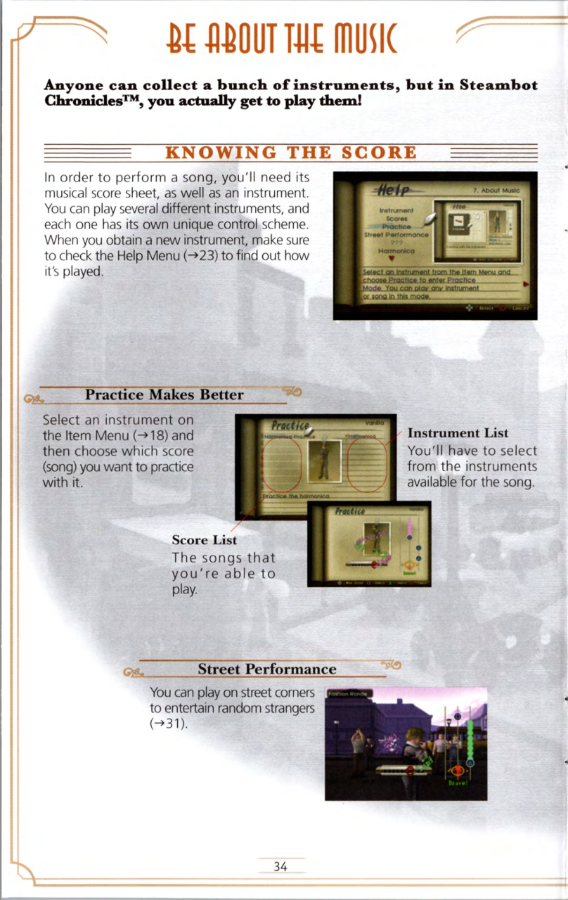 Steambot Chronicles US manual — Printed page 34 — Be about the music.