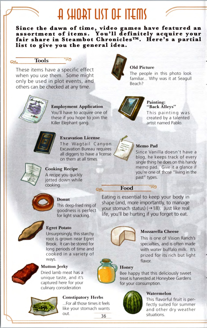 Steambot Chronicles US manual — Printed page 36 — Items.