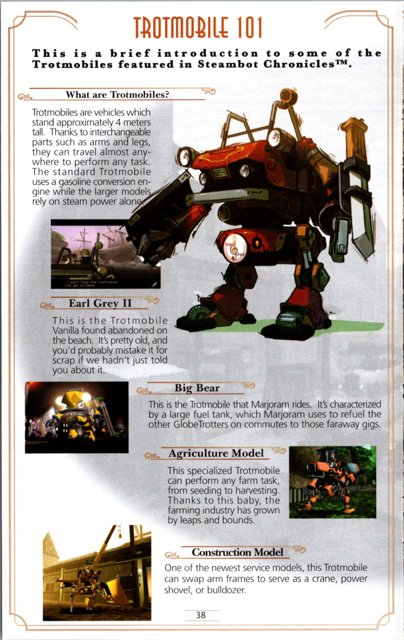 Steambot Chronicles US manual — Printed page 38 — Trotmobile 101.