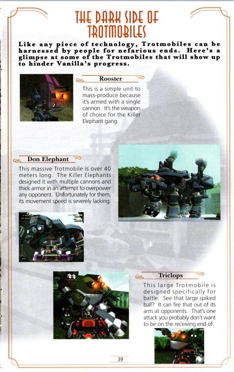 Steambot Chronicles US manual — Printed page 39 — The dark side of Trotmobiles.
