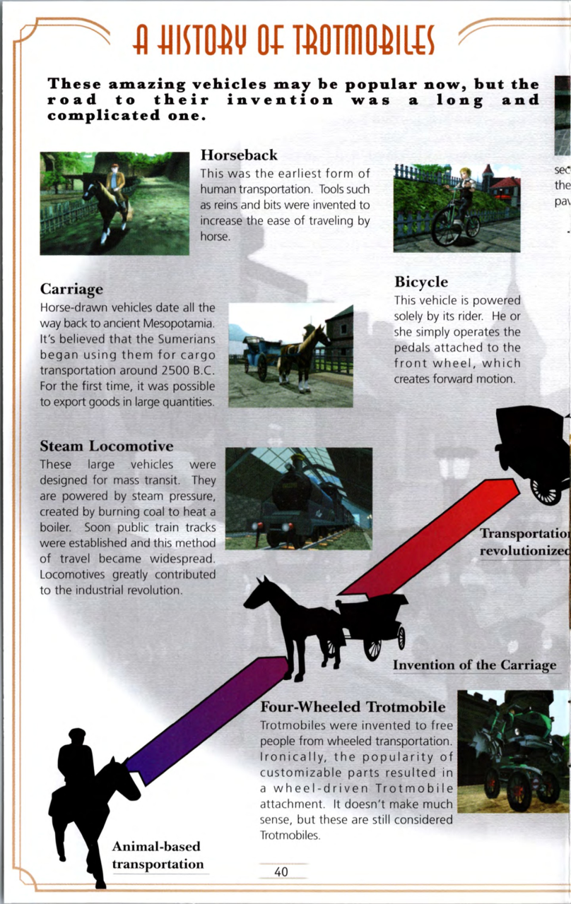 Steambot Chronicles US manual — Printed page 40 — A history of Trotmobiles.