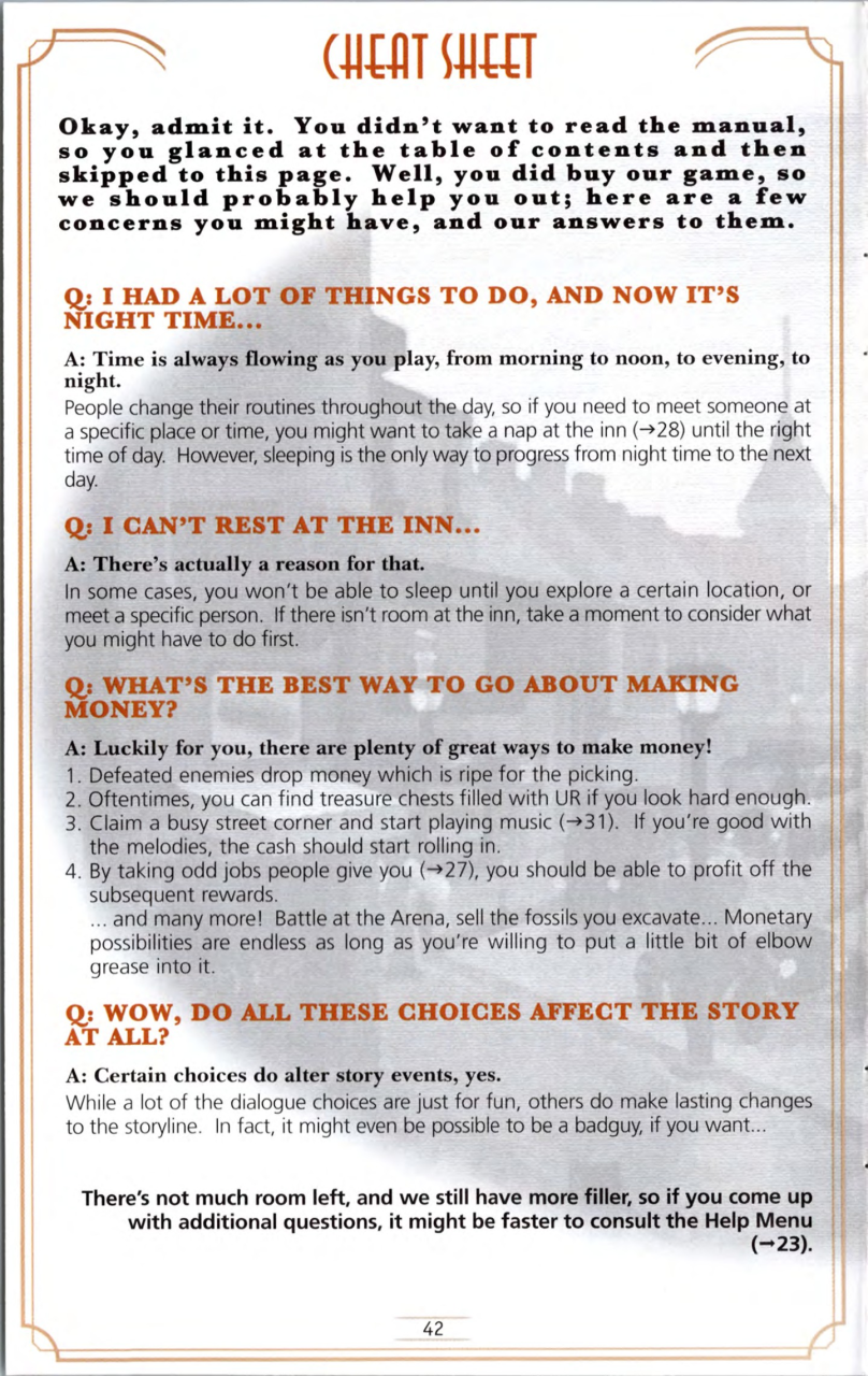 Steambot Chronicles US manual — Printed page 42 — Cheat sheet.