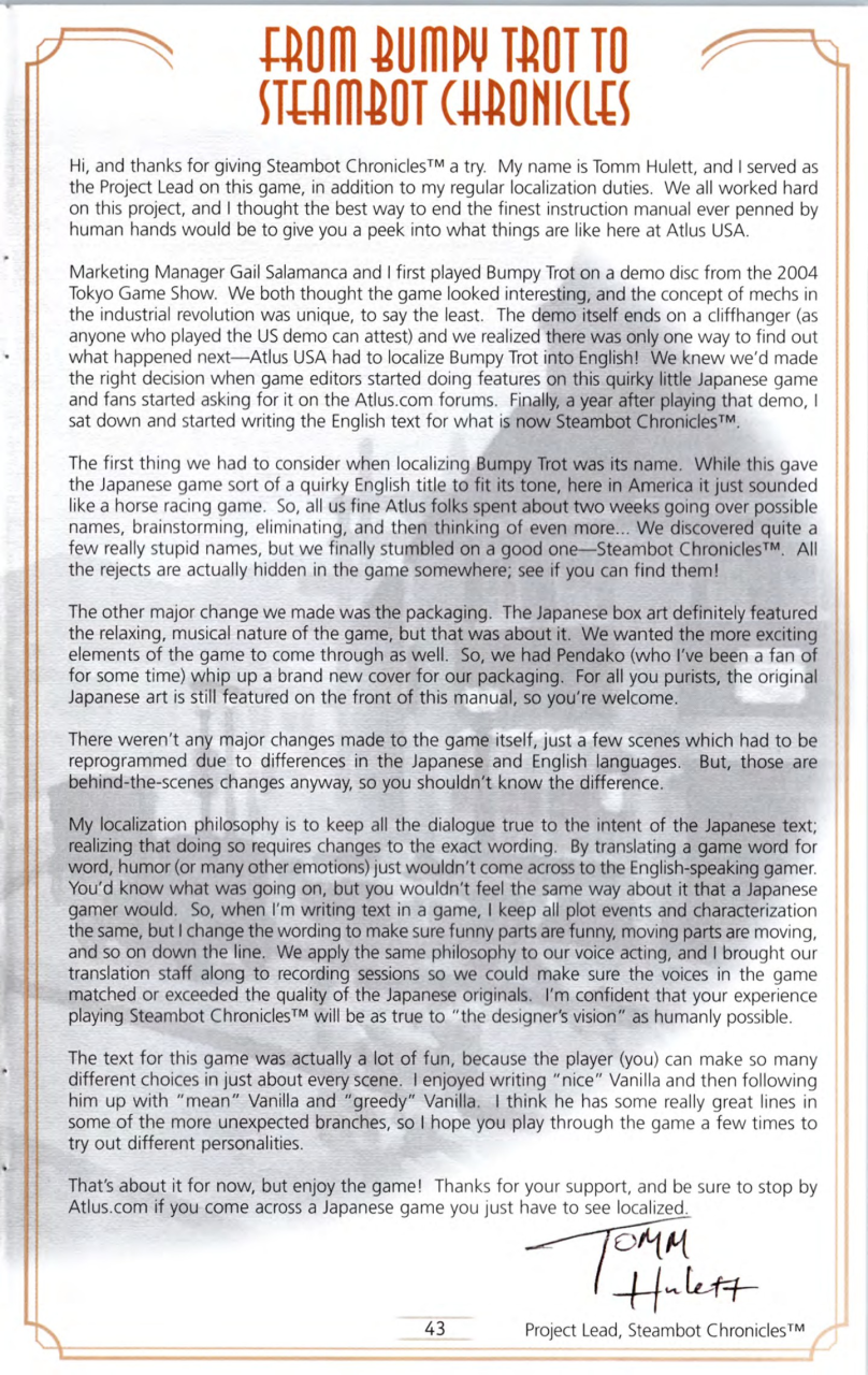 Steambot Chronicles US manual — Printed page 43 — From Bumpy Trot to Steambot Chronicles.